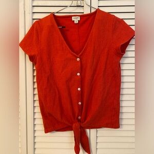 J Crew Womens Knit Button Up Red Top XS Tie Front V Neck Lightweight Beachy Boho